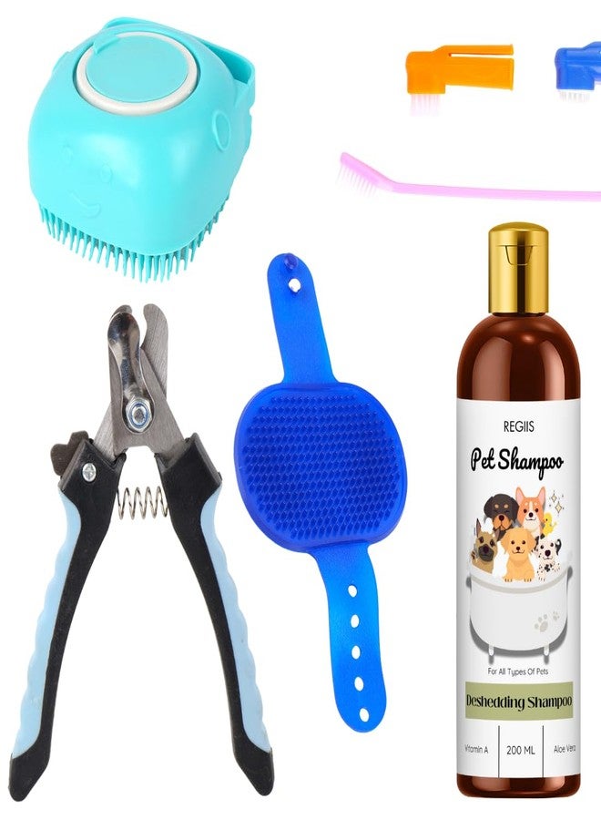 مجموعة العناية بالحيوانات الأليفة، طقم استحمام للكلاب مكون من 5 قطع مع شامبو لإزالة الشعر الزائد، مقص أظافر، فرشاة سيليكون، مشط، وفرشاة أسنان للكلاب والقطط - Image 1